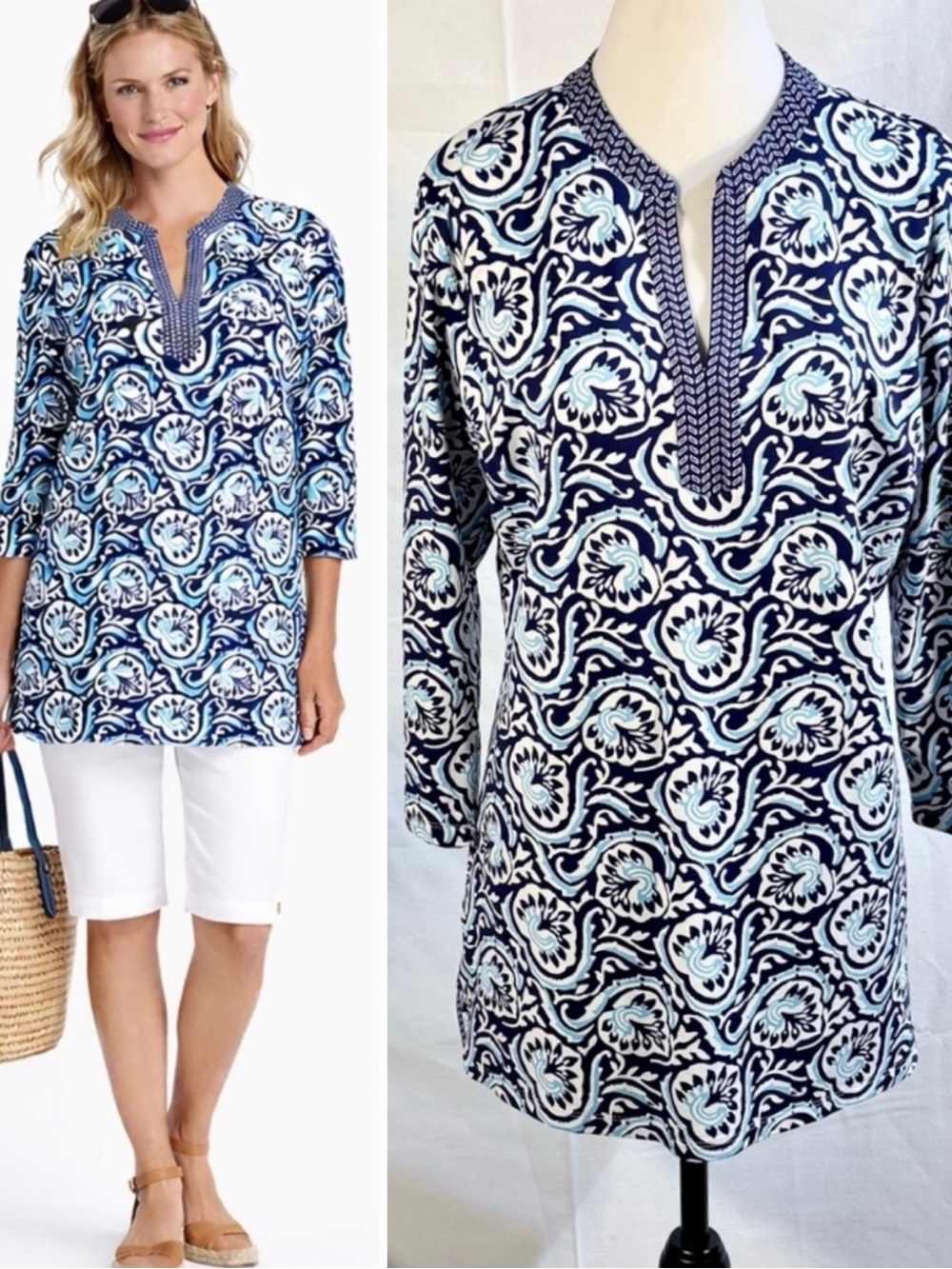 J.McLaughlin Boca Catalina Cloth Navy Aqua Paisley Tunic Top Sz L🧡